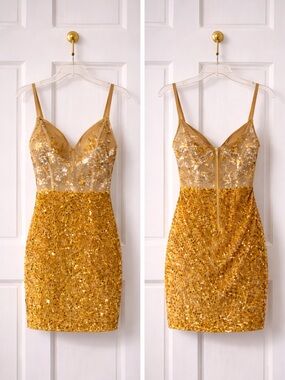 Elegant Gold Sequin Embellished Prom Evening Dress, Size 2